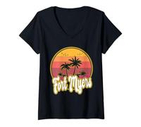 Women's Fort Myers Florida Beach Retro Sunset V-Neck T-Shirt