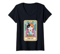 Womens Fortune Teller Calico Cat The Cat Tarot Card V-Neck T-Shirt