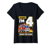 Women's Four 4yr 4th Birthday Fire Truck Firefighter 4 Year Old Boy V-Neck T-Shirt