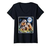 Womens Four Groundhogs Under Moon Nature Animal Art Wildlife V-Neck T-Shirt
