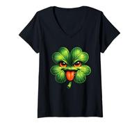 Women's Four Leaf Clover Sticking Out Tongue Saint Patrick's Day V-Neck T-Shirt