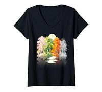 Women's Four Seasons Forest Landscape Moon Reflection Nature Scenic V-Neck T-Shirt