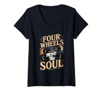 Women's Four Wheels Move The Soul Funny Longboard Saying V-Neck T-Shirt
