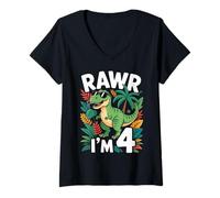 Womens Four Years Old Dinosaur Funny 4th Birthday Kids V-Neck T-Shirt