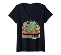 Womens Fourteen Rex T Rex Birthday 14 Year Old Dinosaur 14th Dino V-Neck T-Shirt