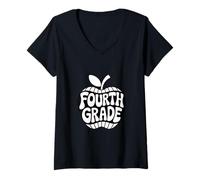 Women's Fourth Grade Retro Apple Teacher Student School V-Neck T-Shirt