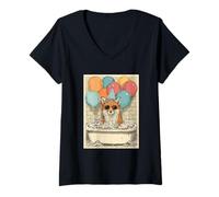 Womens Fox Birthday Party Balloons Bathtub Art Print V-Neck T-Shirt