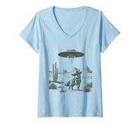 Women's Fox Cowboy UFO Abduction Desert Western Funny Alien V-Neck T-Shirt