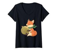 Womens Fox Eating Durian V-Neck T-Shirt