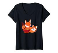 Womens Fox Eating Ramen Ramen Noodle Lovers Fox Kawaii Themed Gift V-Neck T-Shirt