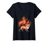 Womens Fox Fire Spirit Wild Ember V-Neck T-Shirt