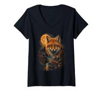 Women's Fox Full Moon Autumn Forest Wildlife Cr rt Scene V-Neck T-Shirt