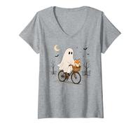 Women's Fox Ghost Bicycle Halloween Night Ride V-Neck T-Shirt