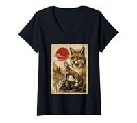 Women's Fox Howling Vintage Ukiyo-e Japanese Art V-Neck T-Shirt