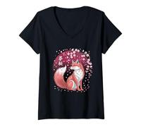 Womens Fox Kitsune 夢桜 Cherry Blossom Night V-Neck T-Shirt