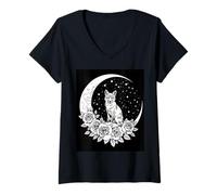 Womens Fox Moon Roses Night Stars Celestial Whimsical V-Neck T-Shirt