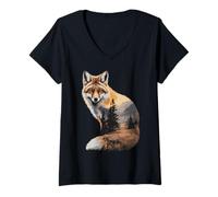 Women's Fox Nature Landscape Hiking Camping Bushcraft Wilderness V-Neck T-Shirt