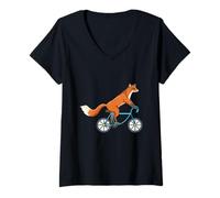 Women's Fox On A Bicycle Funny Cartoon Animal Cyclist V-Neck T-Shirt