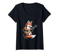 Women's Fox Playing Mandolin Folk Acoustic Music V-Neck T-Shirt