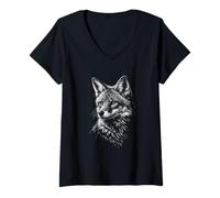 Women's Fox Portrait Black and White Animal Lover V-Neck T-Shirt