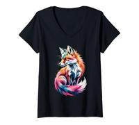 Womens Fox Poster Style Colorful Paint Splatter Art Graphic Splash V-Neck T-Shirt