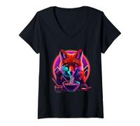 Womens Fox Ramen Bowl Japanese Noodles Artwork Fox Eating Ramen V-Neck T-Shirt