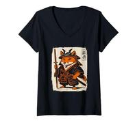 Womens Fox Samurai Warrior Japanese Culture Art V-Neck T-Shirt