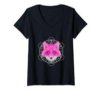 Women's Fox Shirt with Pink Geometric Shapes & Sacred Geometry V-Neck T-Shirt