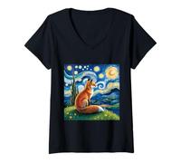 Womens Fox Starry Night Van Gogh Dreamy Animal Night Sky V-Neck T-Shirt