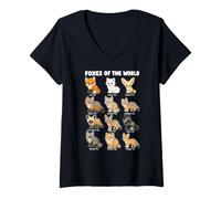 Women's Foxes of The World Wildlife Chart Red Arctic Fennec Fox V-Neck T-Shirt