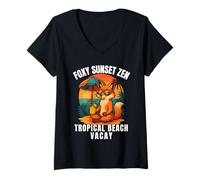 Womens Foxy Sunset Zen Beach Vacay A Fox Yoga Vibes V-Neck T-Shirt