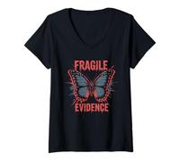 Womens Fragile Evidence Butterfly Grunge Dark Aesthetic V-Neck T-Shirt
