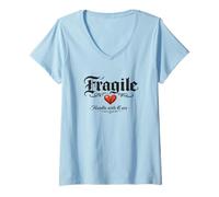 Women's Fragile Handle with Care Broken Heart Pixel Gothic V-Neck T-Shirt