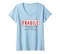 Womens Fragile I Just Dropped My Stepson Off College Mom Dad Funny V-Neck T-Shirt