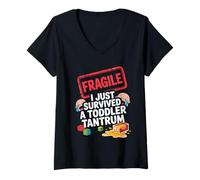 Womens Fragile I Survived a Toddler Tantrum Funny Parent Graphic V-Neck T-Shirt