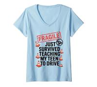 Womens Fragile Just Survived Teaching My Teen to Drive Graphic V-Neck T-Shirt