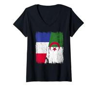Womens France Algeria Half Flag French Algerian Heritage V-Neck T-Shirt