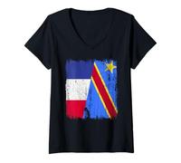 Womens France Congo Half Flag French Congolese Pride Jersey V-Neck T-Shirt