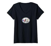 Womens France Oval Auto Decal with Flag and Crest Distressed Print V-Neck T-Shirt