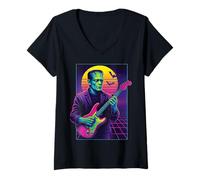 Womens Frankenstein Halloween Monster Playing Guitar 80s Vaporwave V-Neck T-Shirt