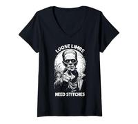 Womens Frankenstein Monster Propaganda Loose Limbs Need Stitches V-Neck T-Shirt