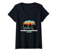 Womens Freddy's Stack Rock Idaho Fishing Summer Bear V-Neck T-Shirt