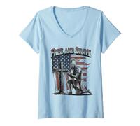 Womens Free and Brave Knight Prayer American Flag Patriotic Cross V-Neck T-Shirt
