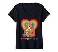 Women's Free Bear Mom Hugs Pride Heart LGBTQ Ally Inclusion Support V-Neck T-Shirt