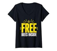 Women's Free Bees Inside Funny Beekeeper Humor Distressed Text V-Neck T-Shirt