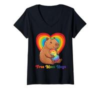 Women's Free Capybara Mom Hugs Pride Heart LGBTQ Inclusion Support V-Neck T-Shirt