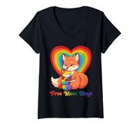 Women's Free Fox Mom Hugs Pride Heart LGBTQ Ally Inclusion Support V-Neck T-Shirt