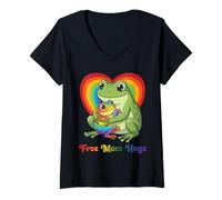 Women's Free Frog Mom Hugs Pride Heart LGBTQ Ally Inclusion Support V-Neck T-Shirt
