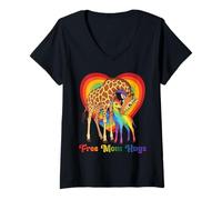 Women's Free Giraffee Mom Hugs Pride Heart LGBTQ Inclusion Support V-Neck T-Shirt