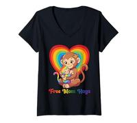 Women's Free Monkey Mom Hugs Pride Heart LGBTQ Inclusion Support V-Neck T-Shirt